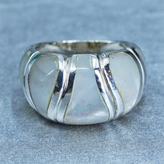 Size 6.5, Sterling 925 silver handmade band ring with mother of pearl inlay