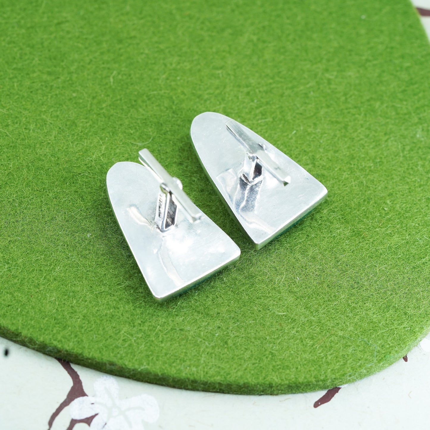 vtg Mexican Sterling 925 Silver cufflinks Carved Green Stone Warrior Aztec Maya