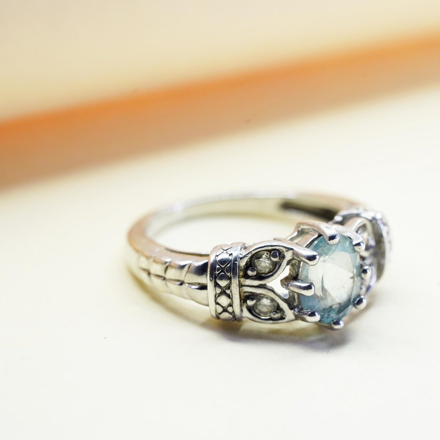 Size 7, vintage sterling silver handmade ring, 925 with blue topaz and cz