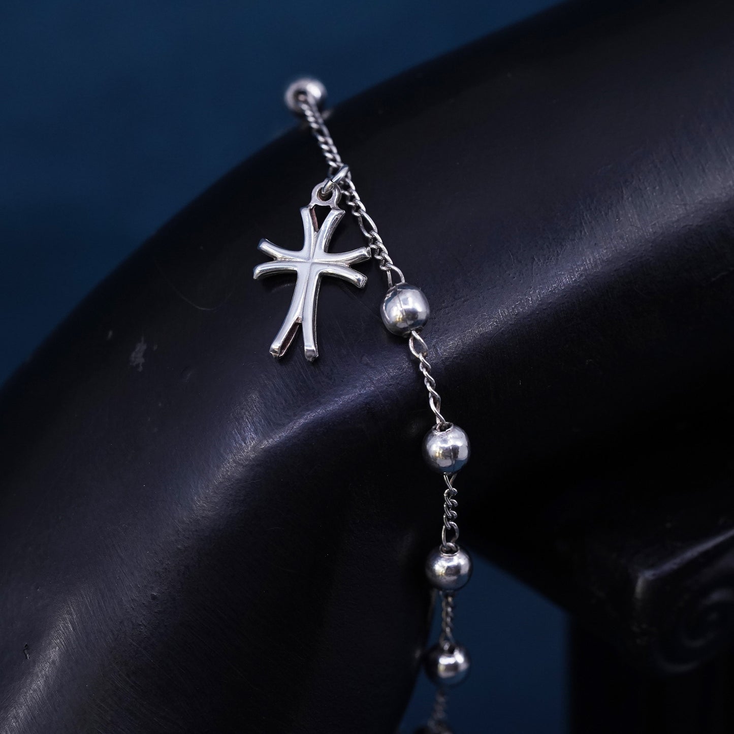 7", vintage Sterling silver handmade bracelet, 925 beads chain with cross charm