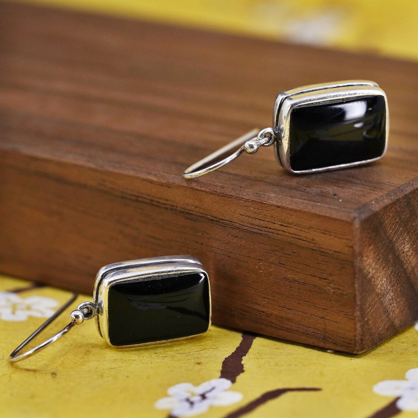 Vintage Sterling silver handmade earrings, Mexico 925 dangle with square onyx