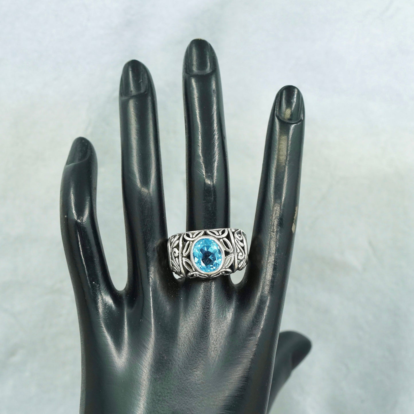 Size 9, vintage Samuel Benham BJC Sterling 925 silver band ring with blue topaz