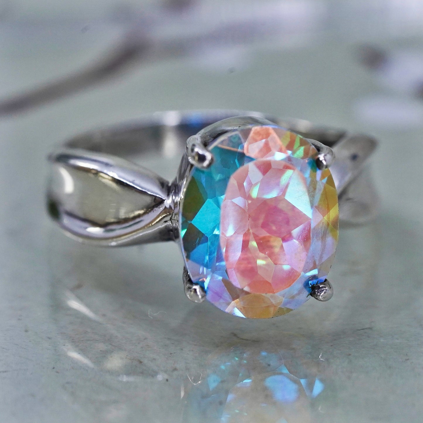 Size 7.75, vintage Badavici Sterling 925 silver handmade ring rainbow tavalite