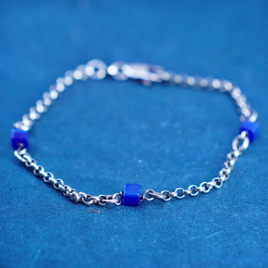 7”, Italy Sterling silver bracelet, 925 bold circle chain blue cats eye cubes