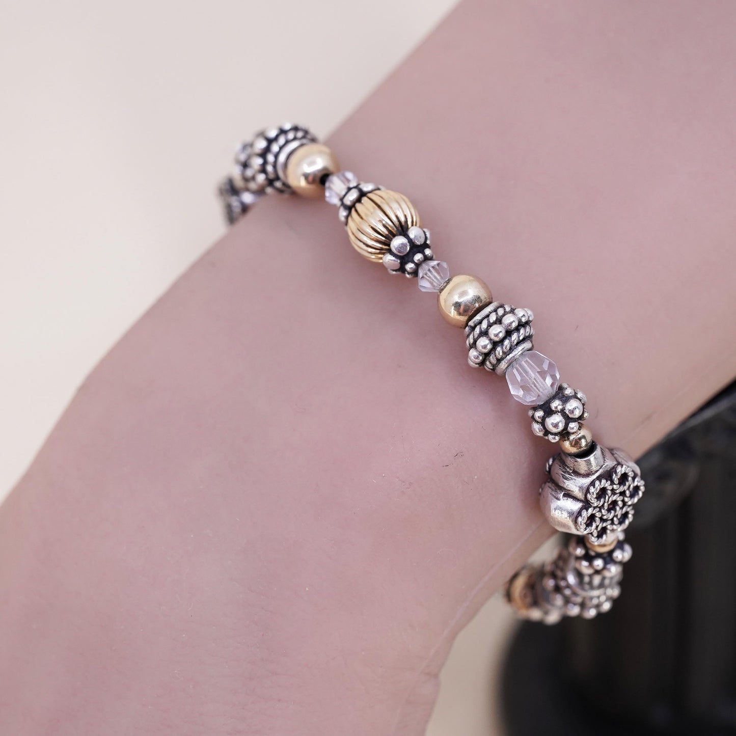7", VTG handmade bracelet, clear crystal 14K yellow gold beads toggle closure