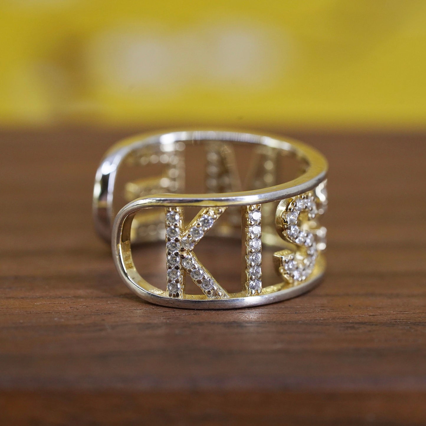 vintage vermeil gold over Sterling silver “Kiss Me” ring, 925 band cluster cz