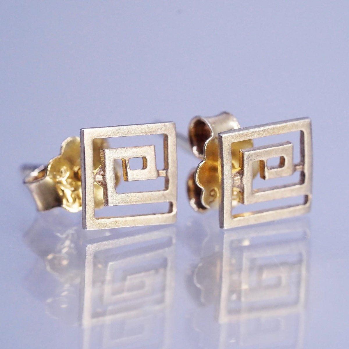 Vintage vermeil gold over Sterling 925 silver studs earrings Greek key cut out,
