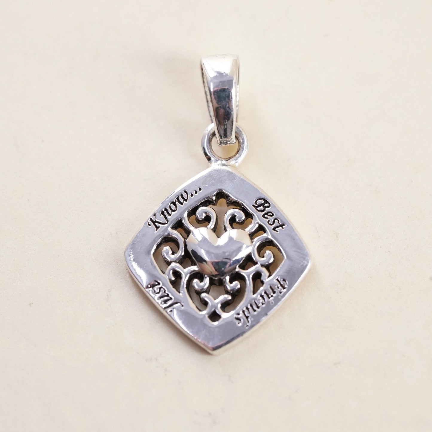 Vintage sterling silver charm, 925 pendant with heart best friends just know