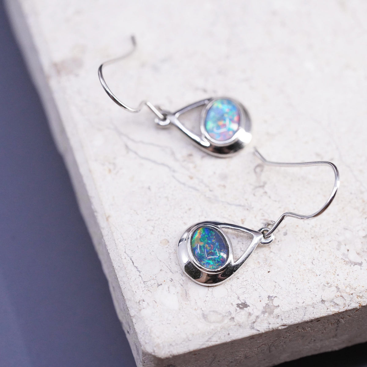 Vintage Sterling silver handmade earrings, 925 oval drops with fire opal