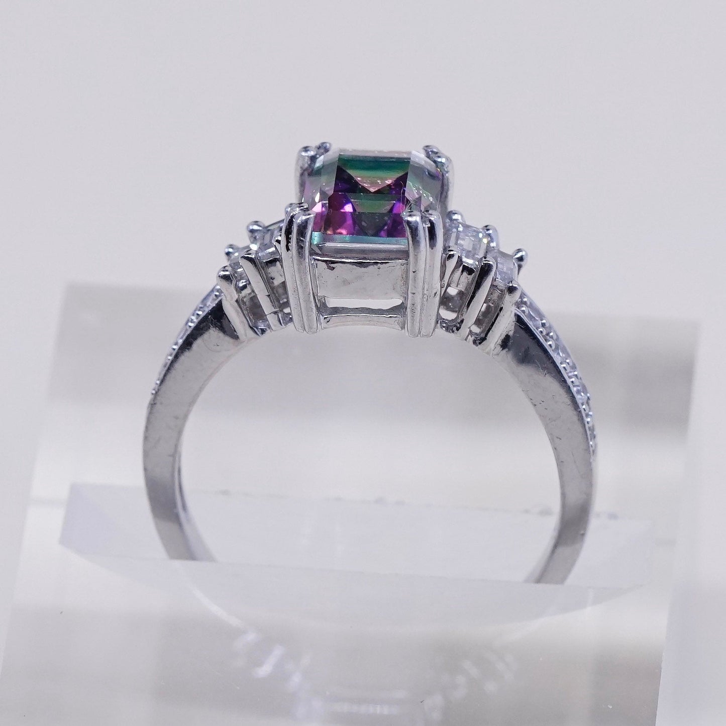 Size 7, vintage Sterling 925 silver handmade ring with rainbow topaz and Cz