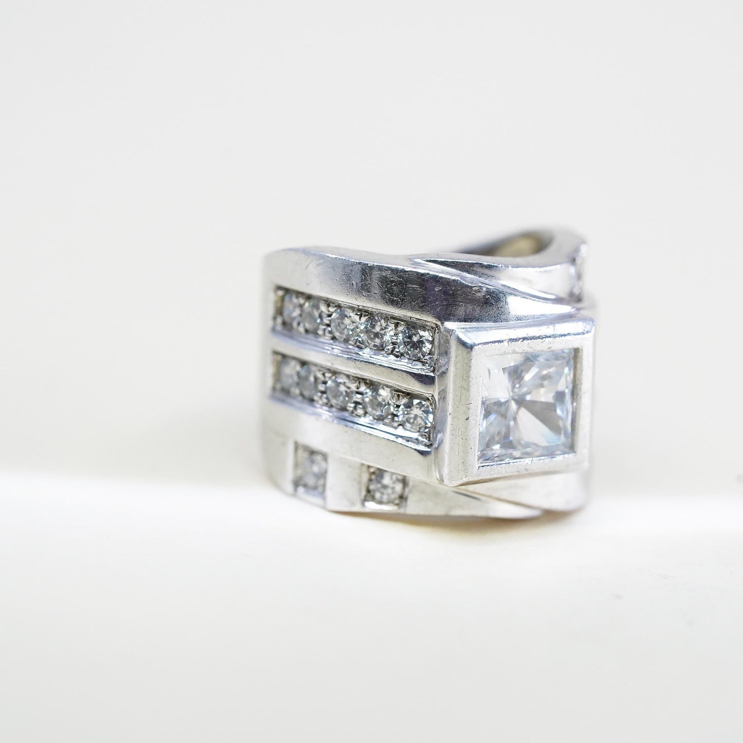 Size 7, Michael Valitutti “NH” 925 Sterling Silver CZ Ring, Wide Ribbed Ring