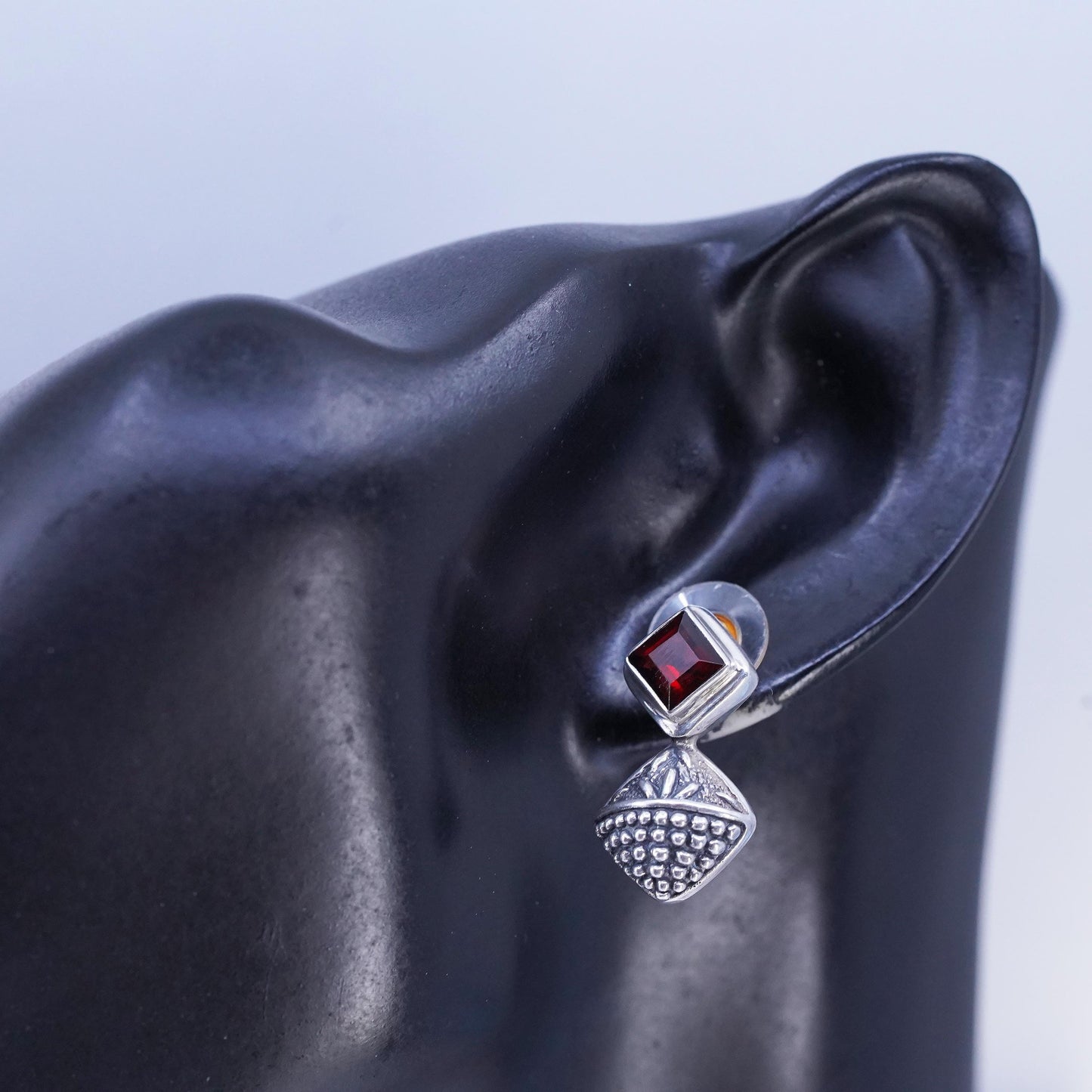 Sterling 925 Silver Garnet Earrings, Geometric Dangle Drops, Balinese Earrings