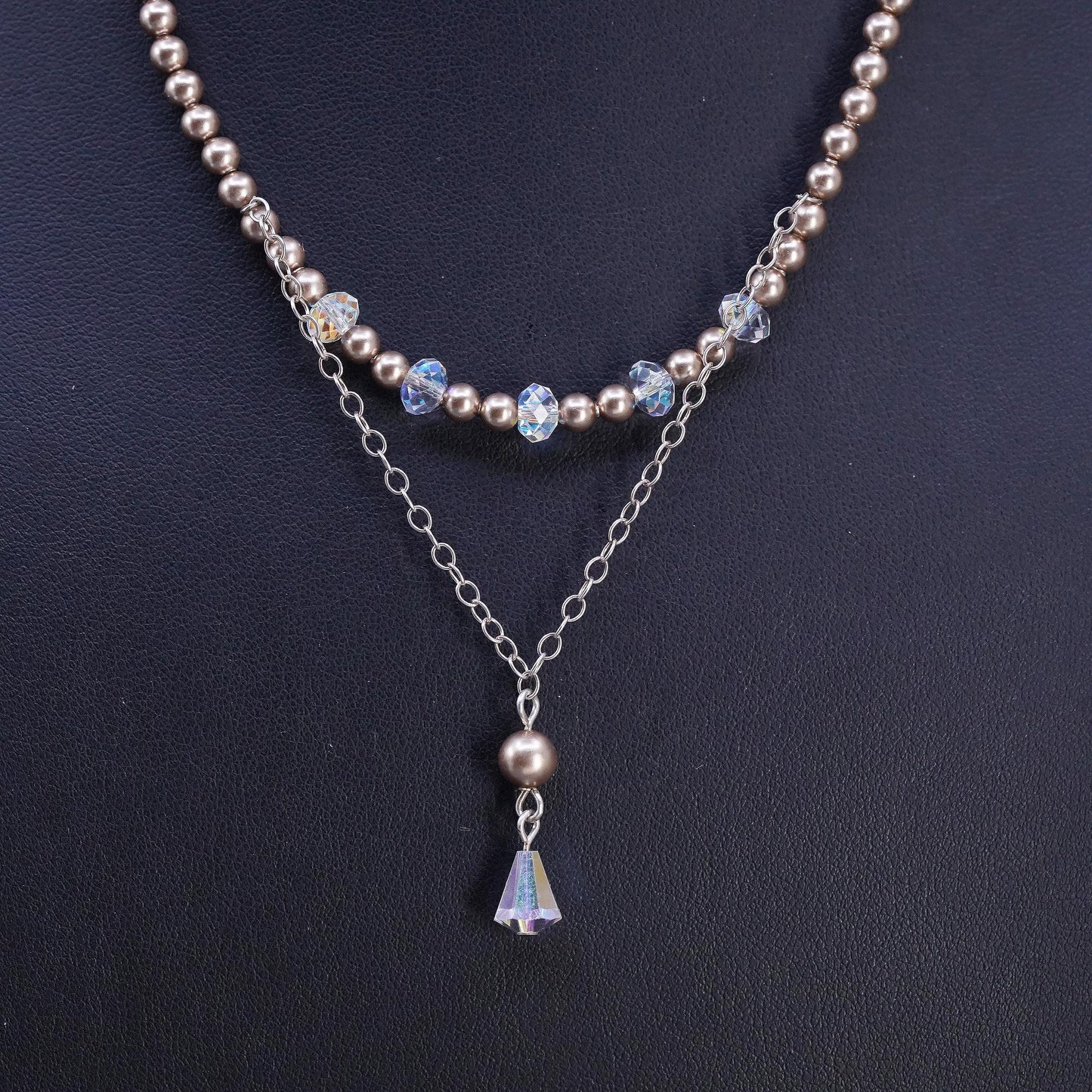 15+1", VTG Emily Ray Sterling 925 silver necklace faux pearls crystal pendant