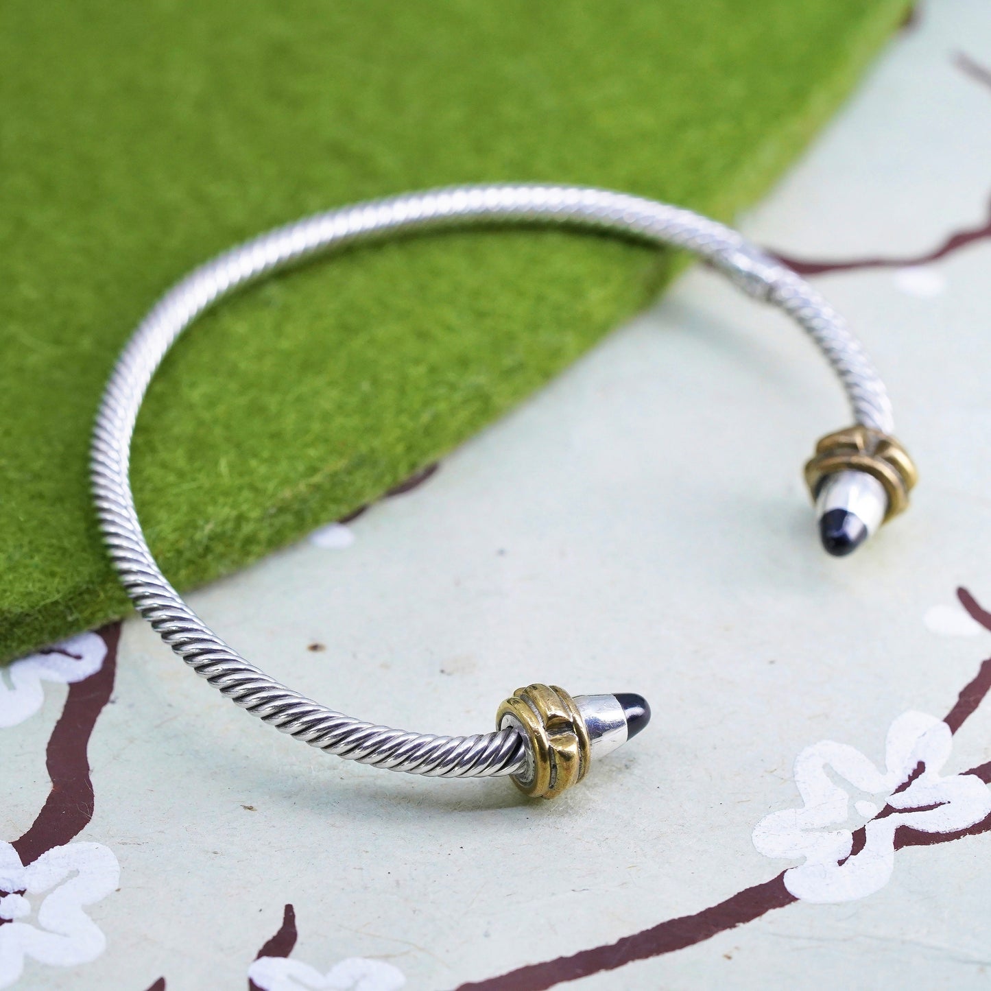 6.75", Sterling silver bangle, taxco 925 braided cable cuff bracelet with onyx
