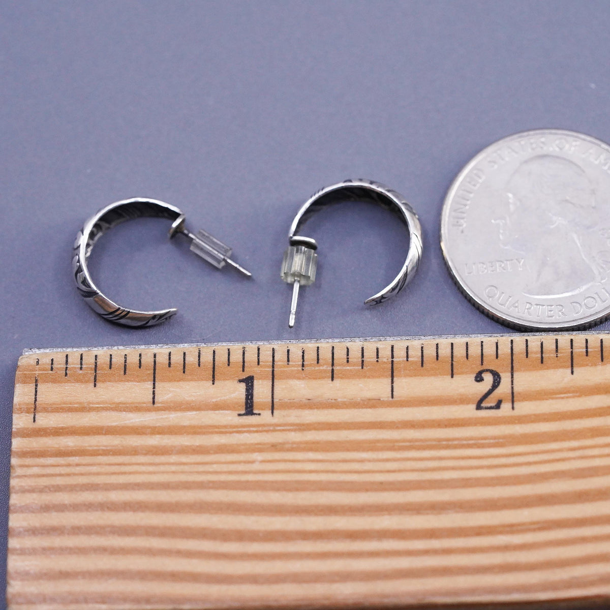0.5", VTG Sterling silver hammered textured earrings, 925 textured hoops studs