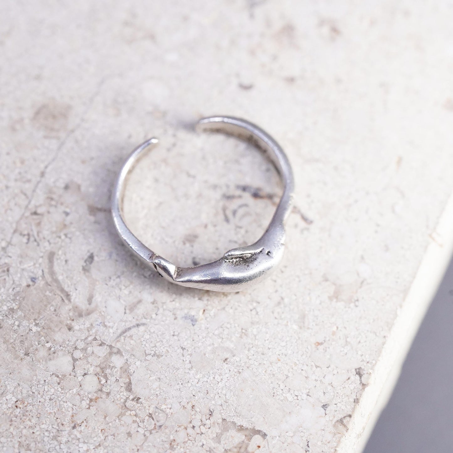Size 2, vintage sterling silver handmade ring, 925 dolphin open band