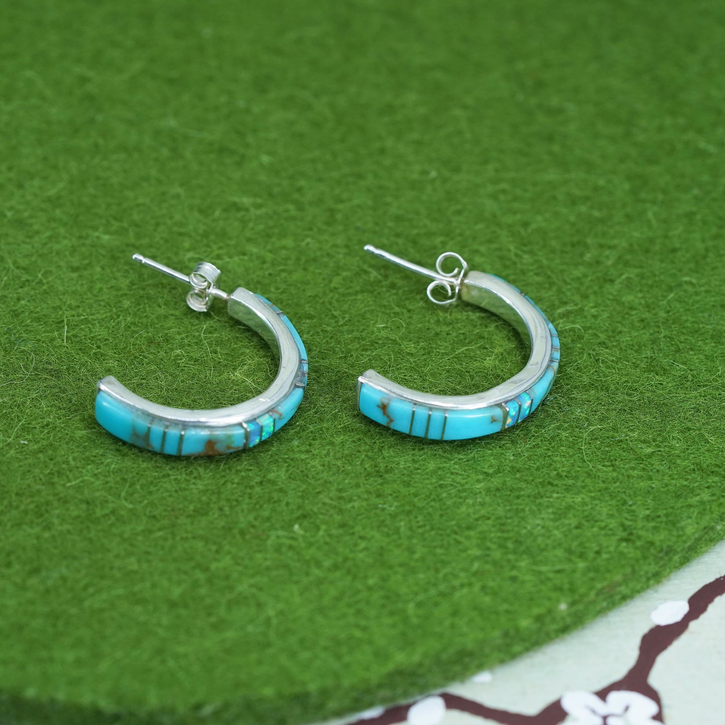 1”, Native American Sterling silver earrings, 925 huggie studs turquoise opal