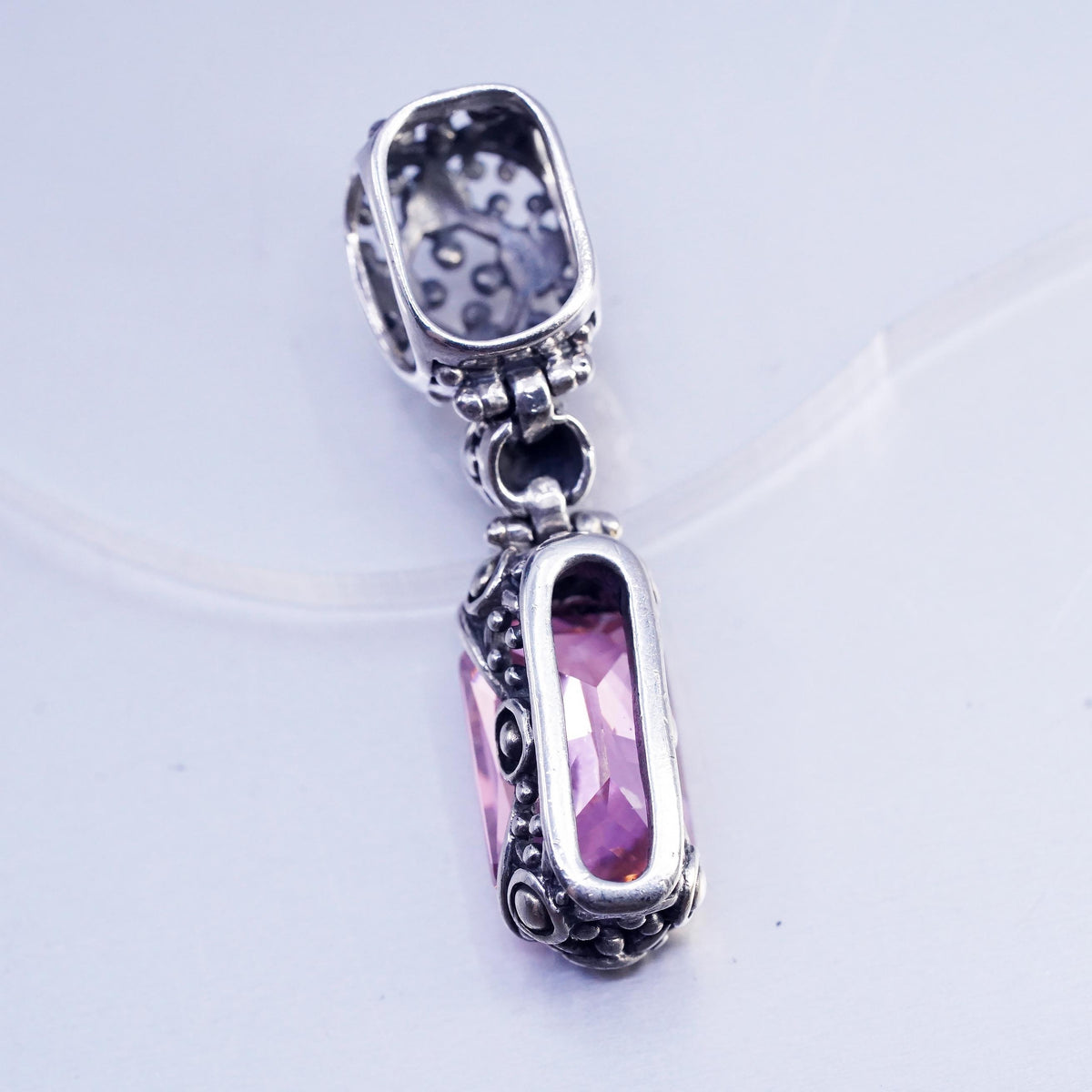 VTG Sterling 925 Silver Pink Faceted Crystal Dangle Pendant Charm, Ornate Bali