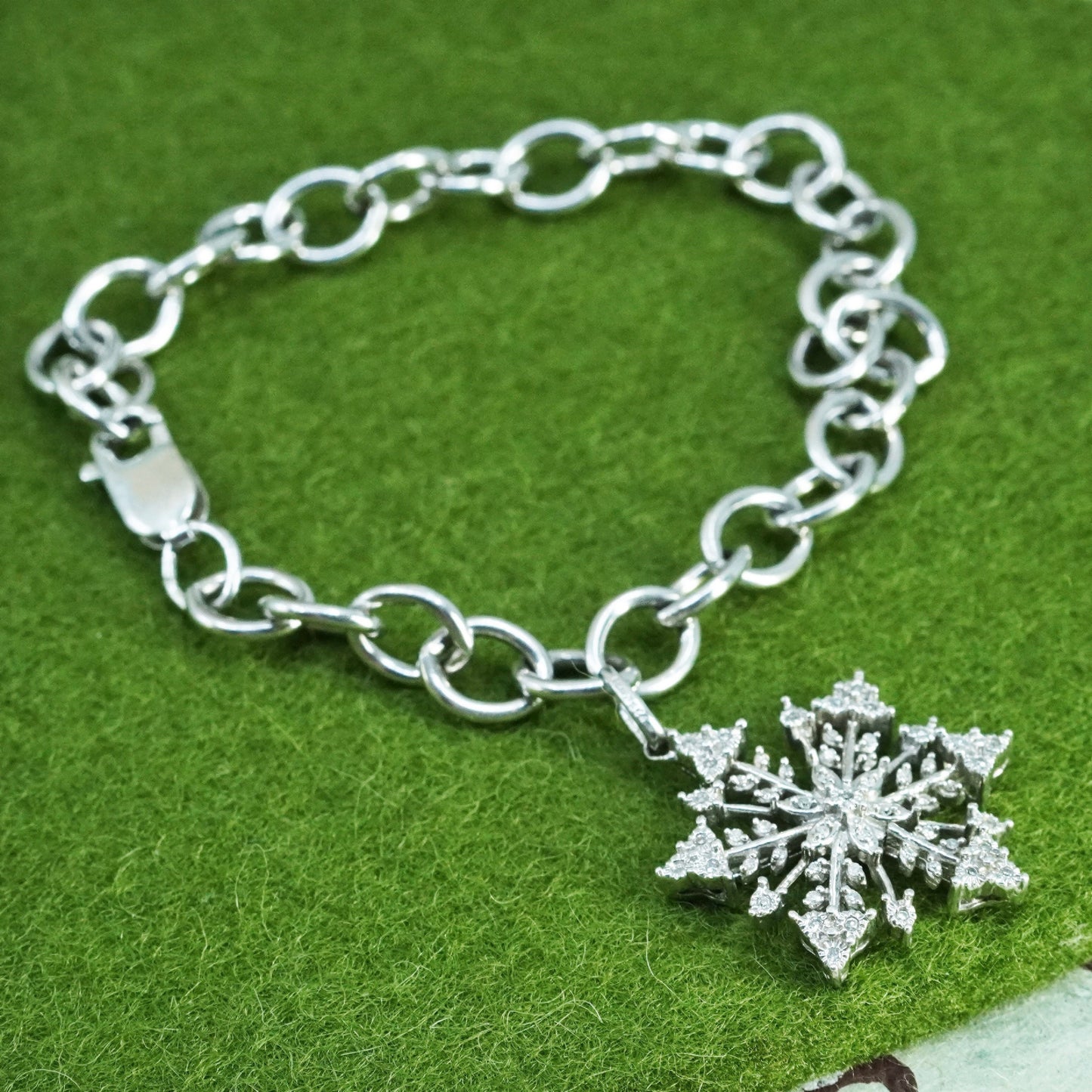 6.5”, sterling 925 silver circle link charm bracelet snowflake charm diamond