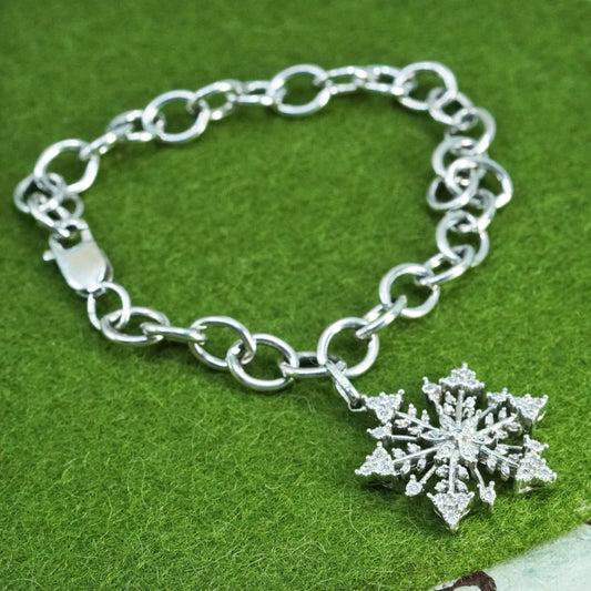 6.5”, sterling 925 silver circle link charm bracelet snowflake charm diamond