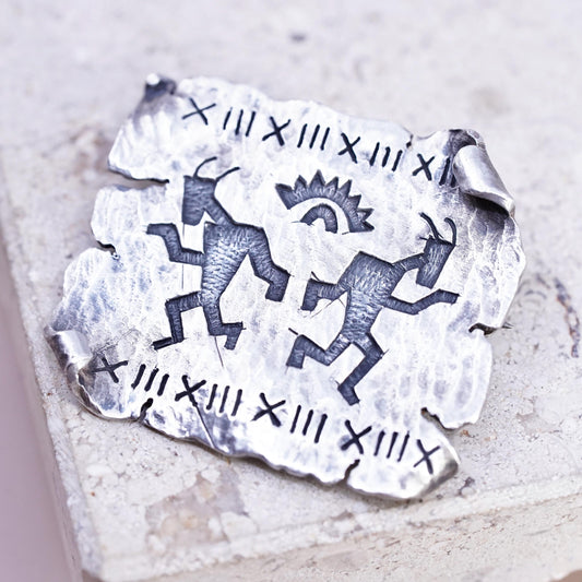 PRECIV Native American Kokopelli Sterling Silver brooch, Sun Petroglyph pendant