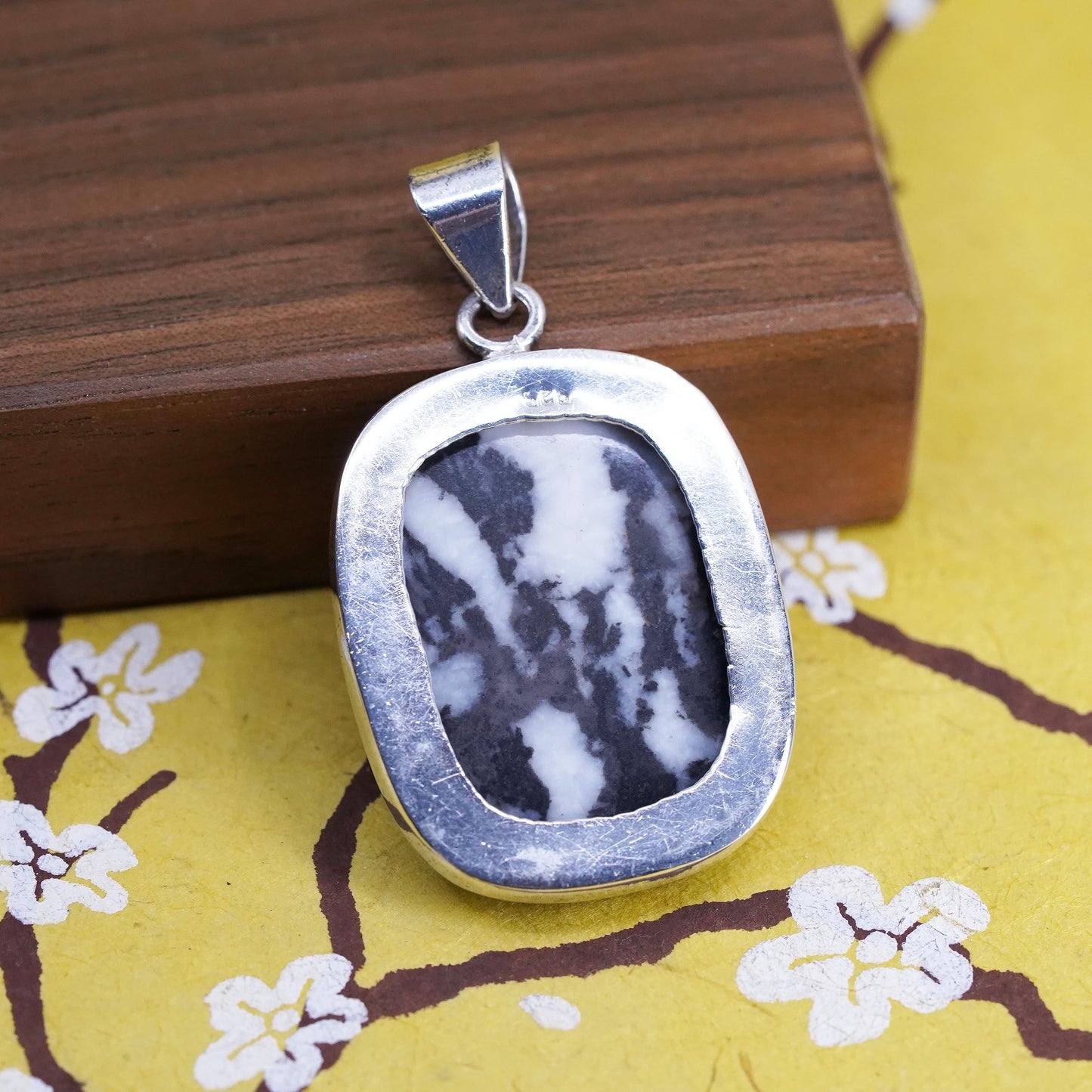 Vintage Sterling 925 silver handmade pendant with zebra marble