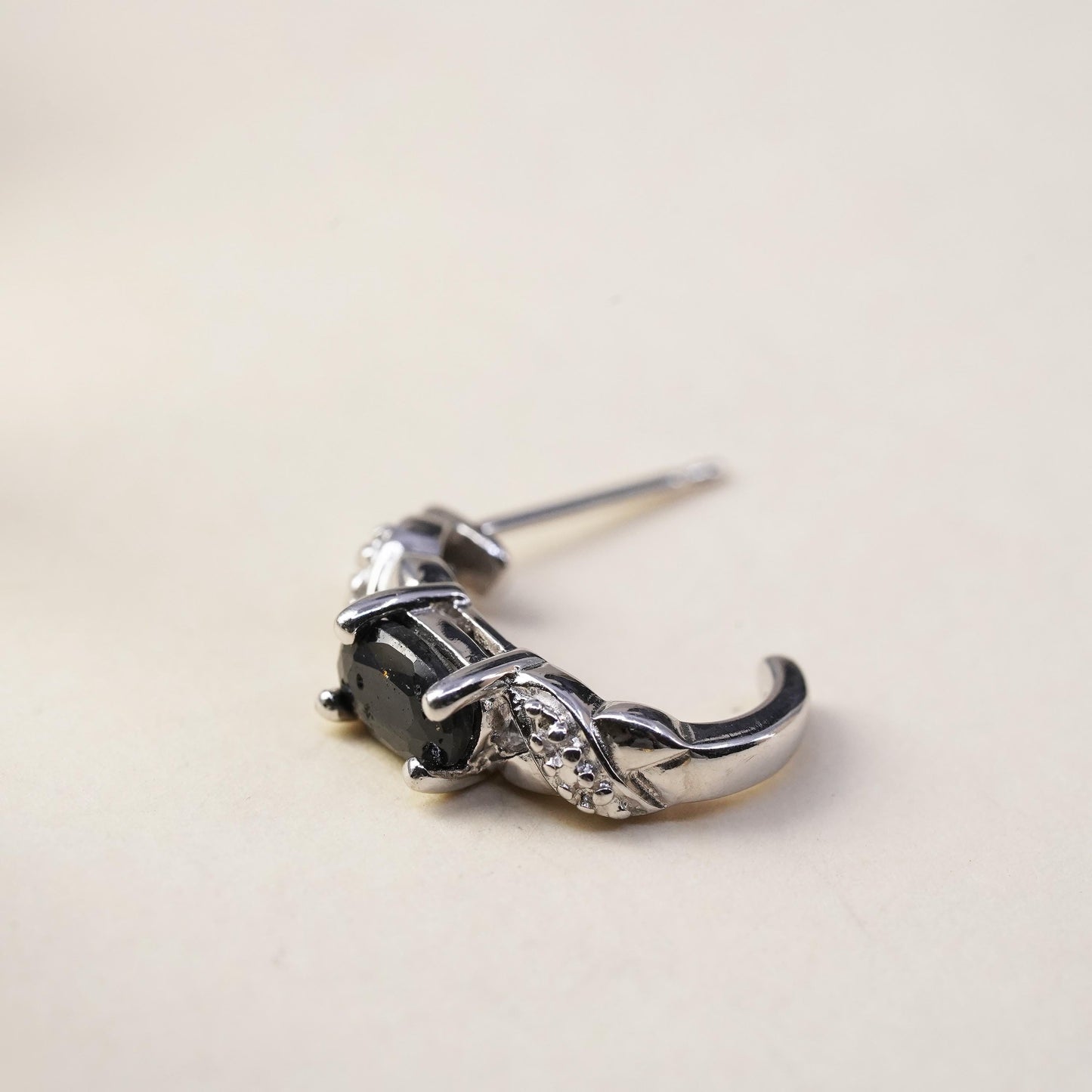 Vintage single 1 earring. Sterling 925 silver huggie stud with diamond spinel