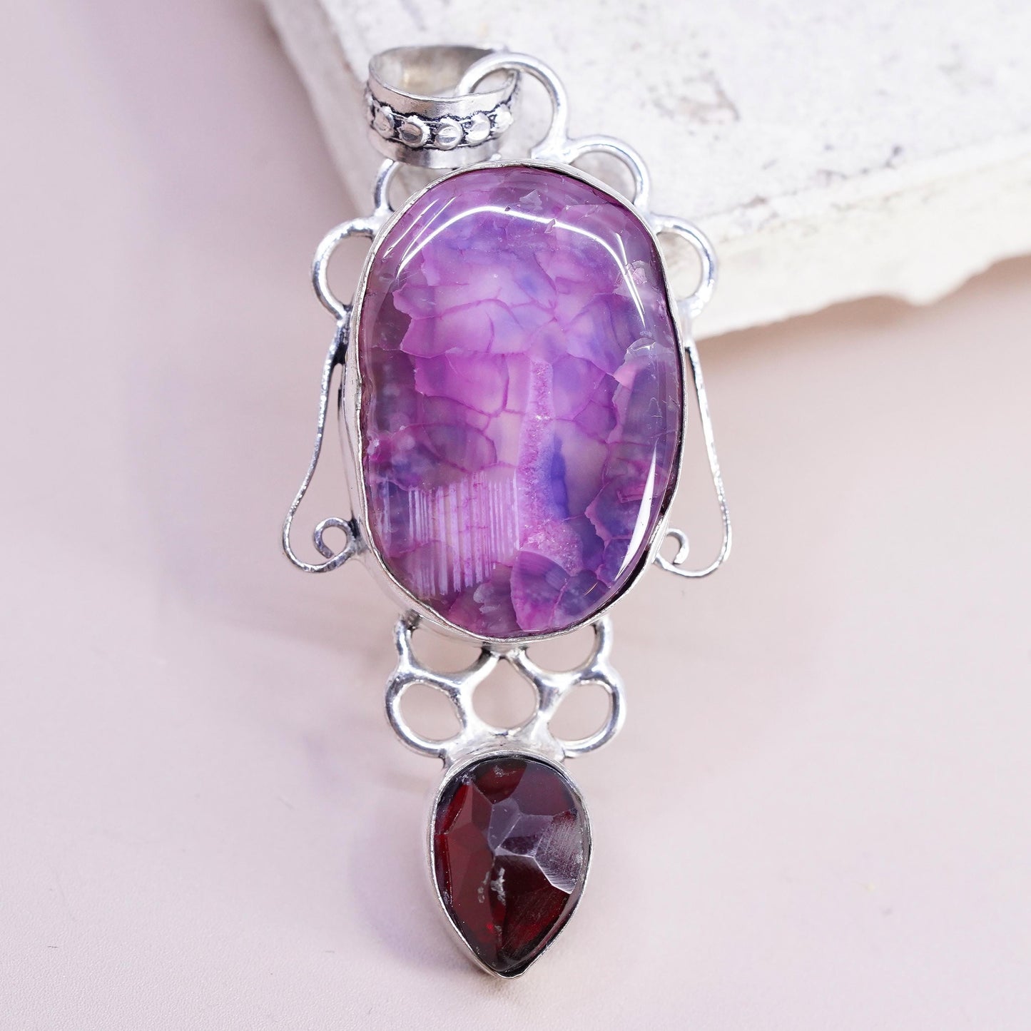 Vintage Sterling 925 silver handmade pendant with purple agate teardrop garnet