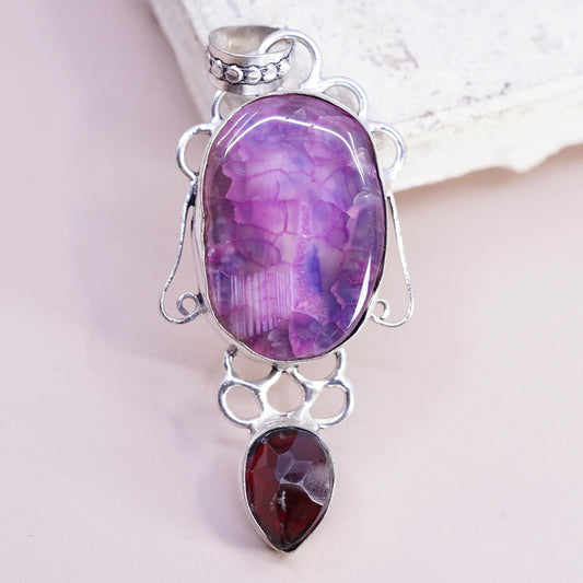 Vintage Sterling 925 silver handmade pendant with purple agate teardrop garnet