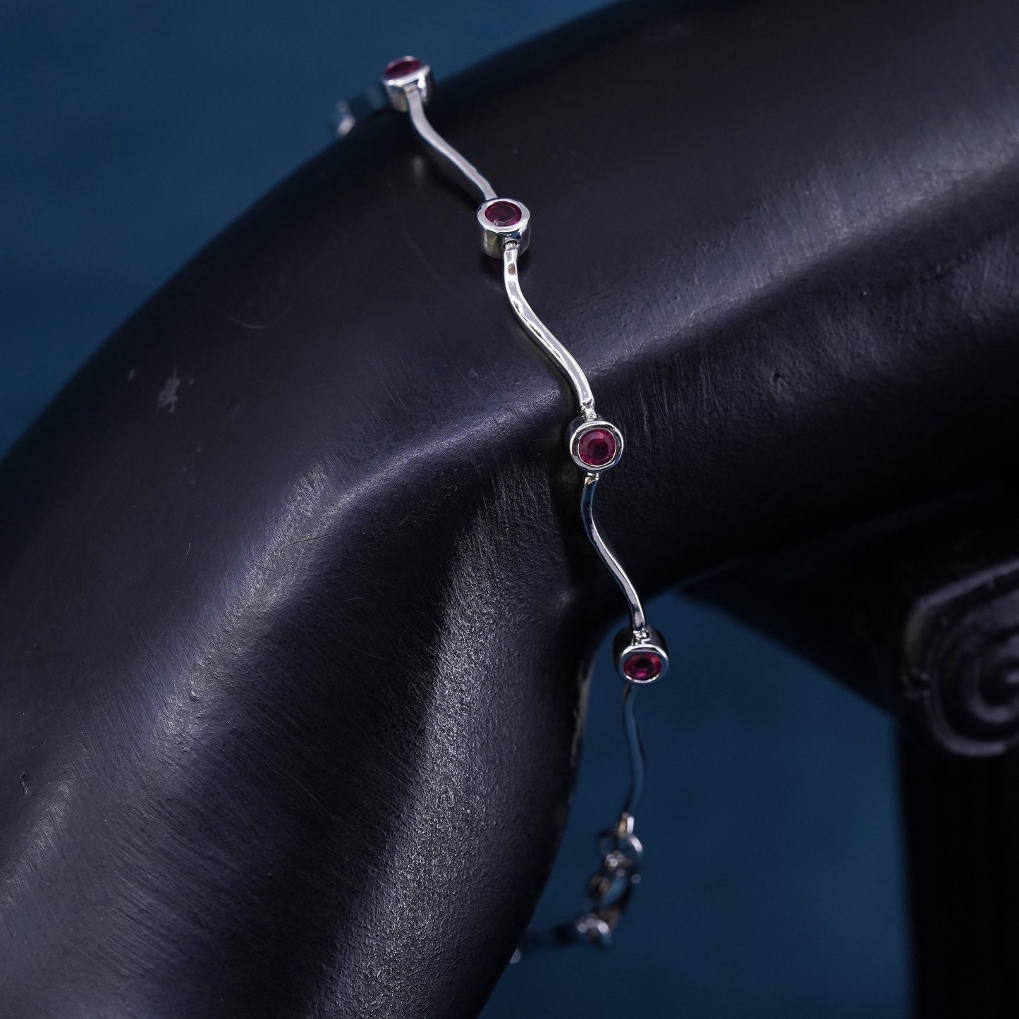 6.75”, vintage Sterling 925 silver tennis bracelet with ruby