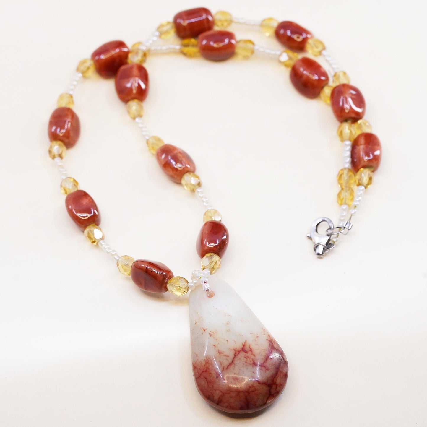 18”, VTG Red Vein Jasper Teardrop Pendant Necklace, Red Enamel Sterling Silver