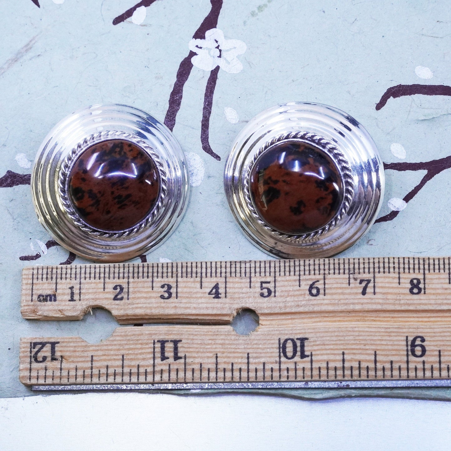 Vintage Sterling silver handmade earrings, 925 round clip on with bronze jasper