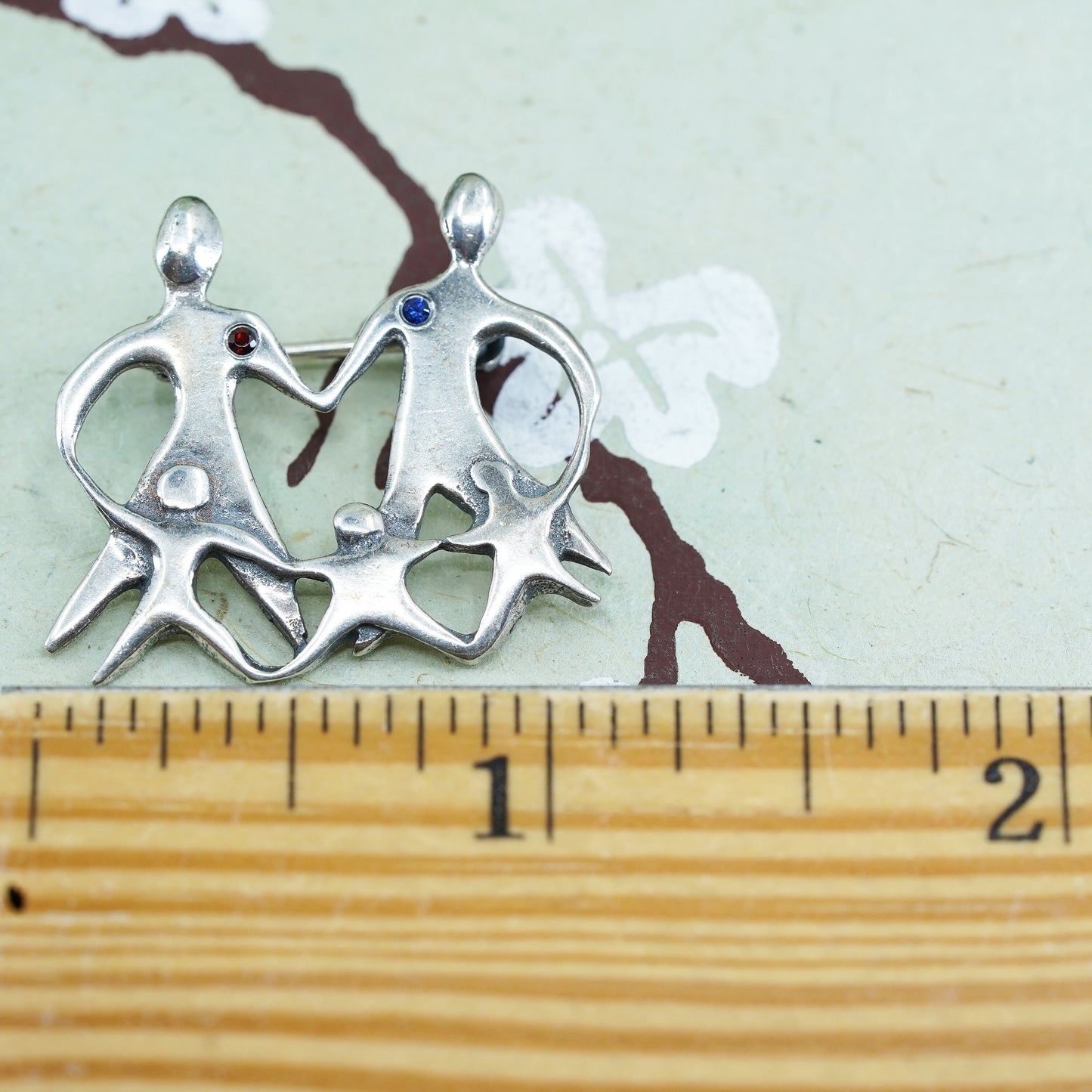 Vintage sterling silver handmade brooch, 925 family pin, parents with 3 kids