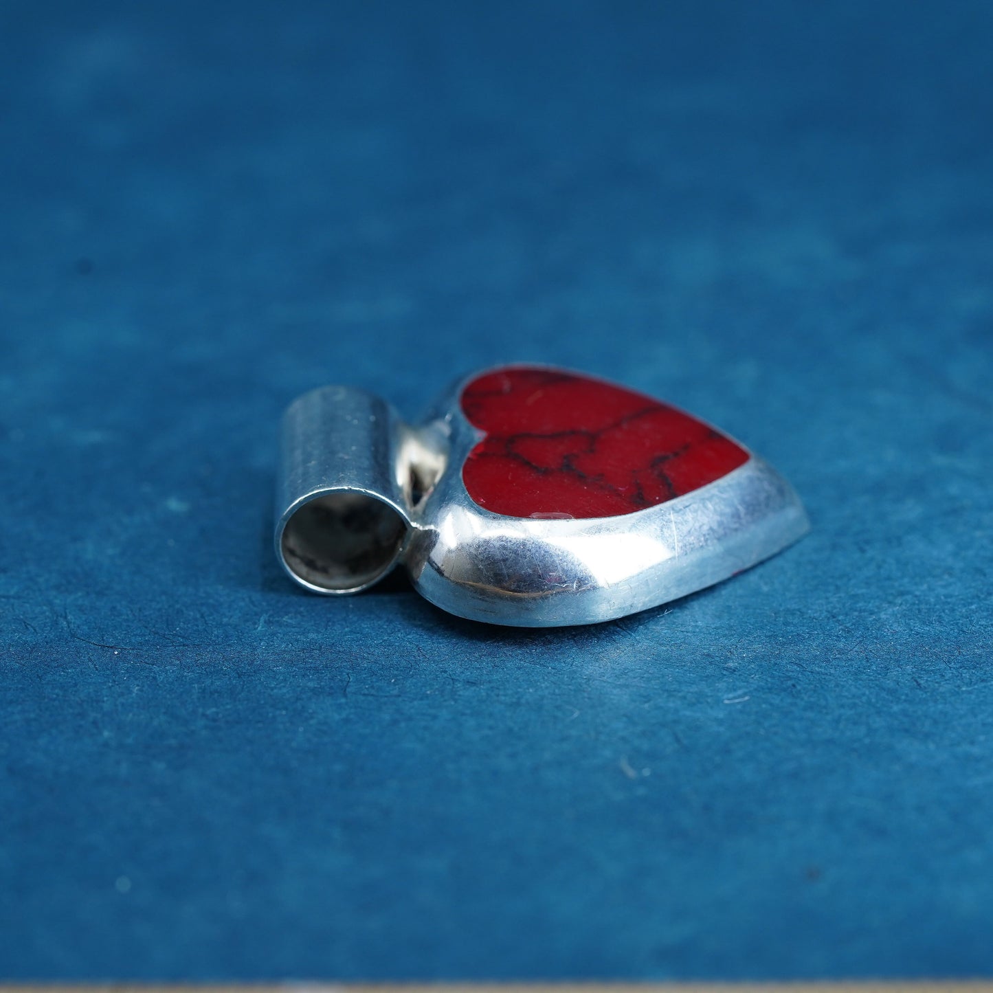 Vintage sterling silver handmade pendant, 925 heart with red jasper