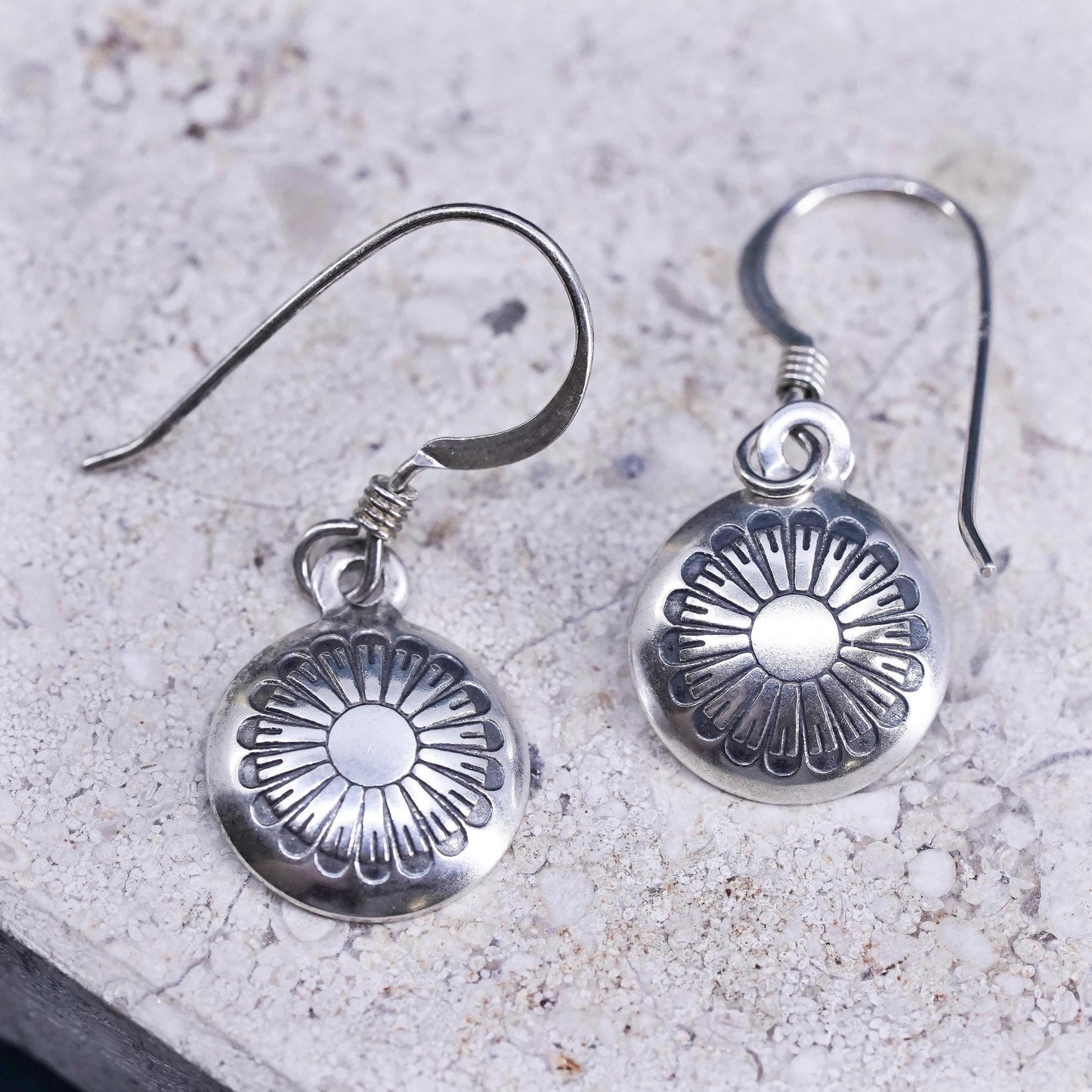 Native American sterling silver handmade earrings, 925 flower discs