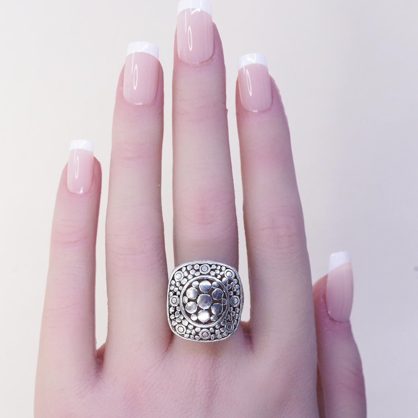 Size 7, vintage sterling silver handmade statement ring, 925 dotted boxy band
