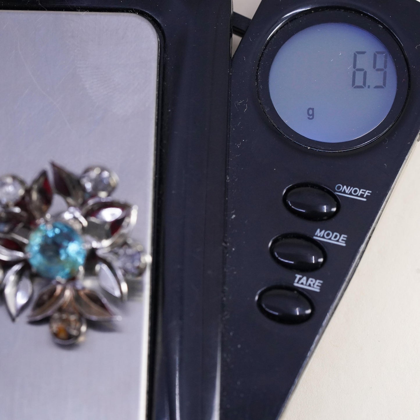 Vermeil gold plated sterling silver brooch, 925 flower blue rhinestone crystal