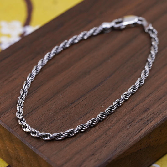 7”, 3mm, vintage Sterling silver Singapore rope bracelet, Italy 925 chain
