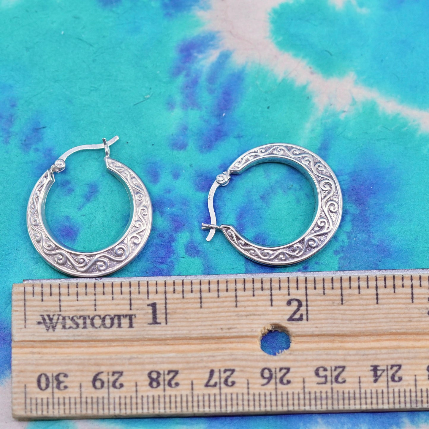 1”, vintage Sterling silver handmade earrings, textured 925 hoops, huggie