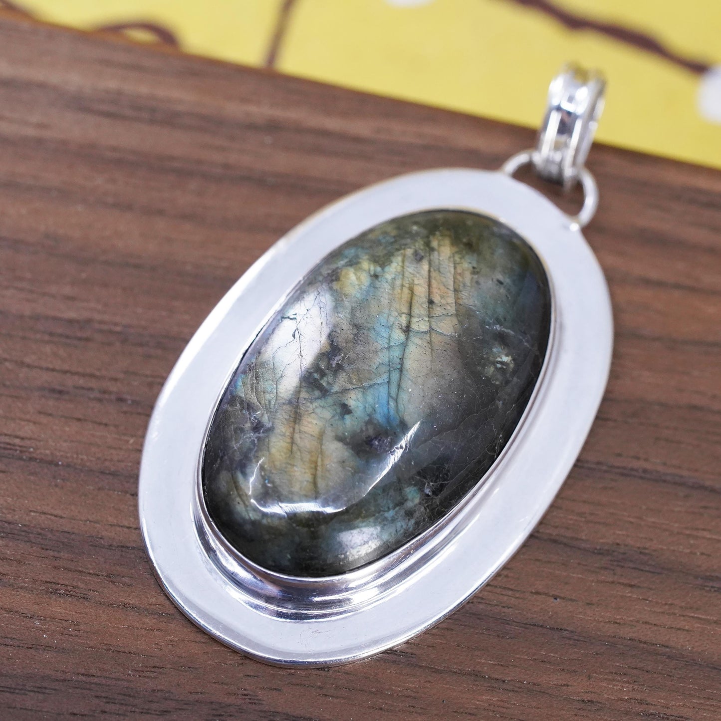 Vintage Sterling 925 silver handmade huge pendant with oval labradorite