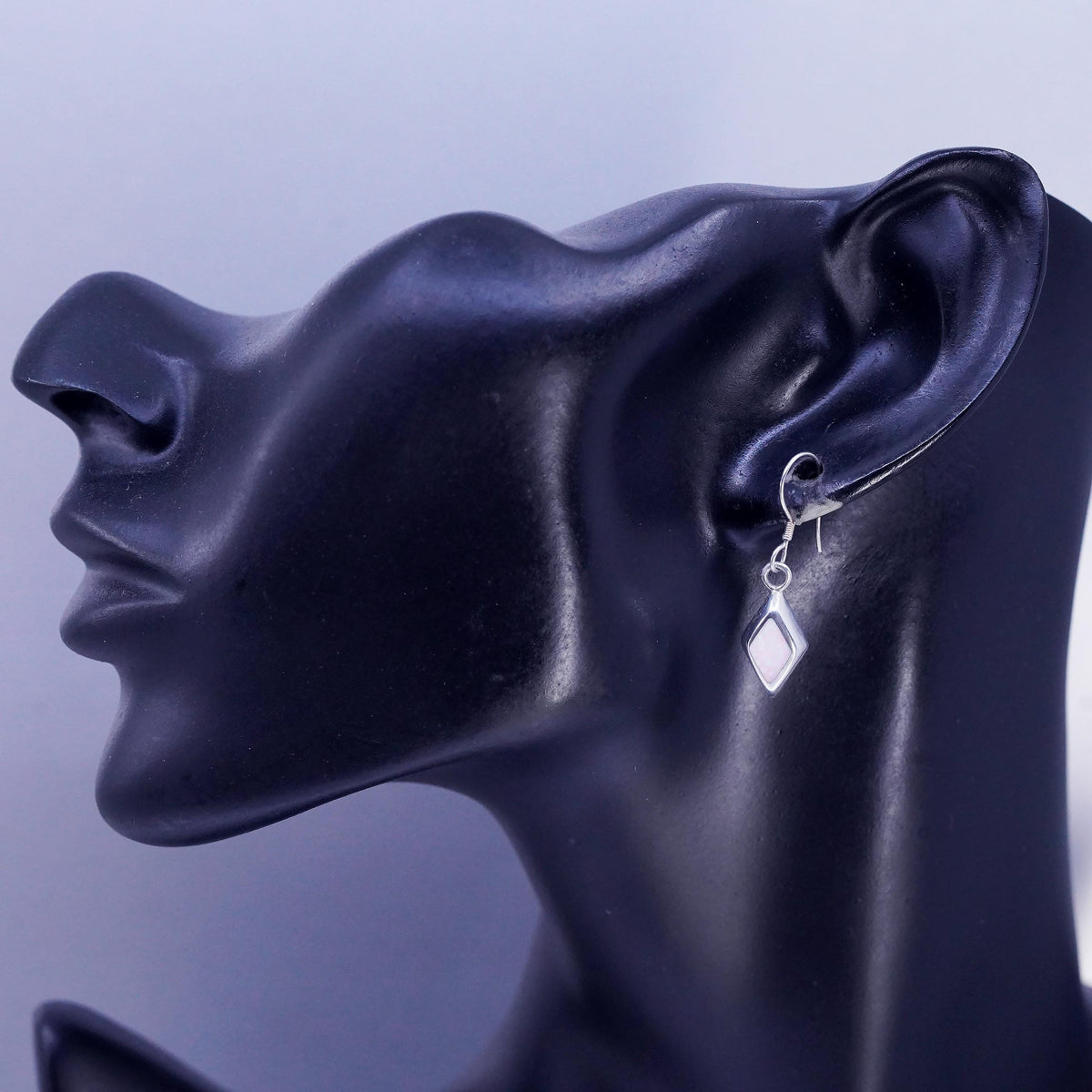 Vintage Sterling Silver Diamond shaped Earrings, 950 Silver Dangle Opal inlay