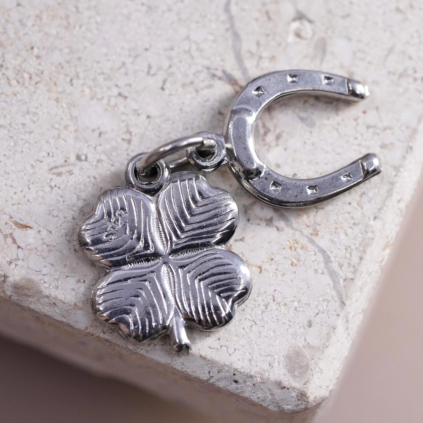 Vintage Sterling silver handmade pendant, 925 horseshoe and clover charm