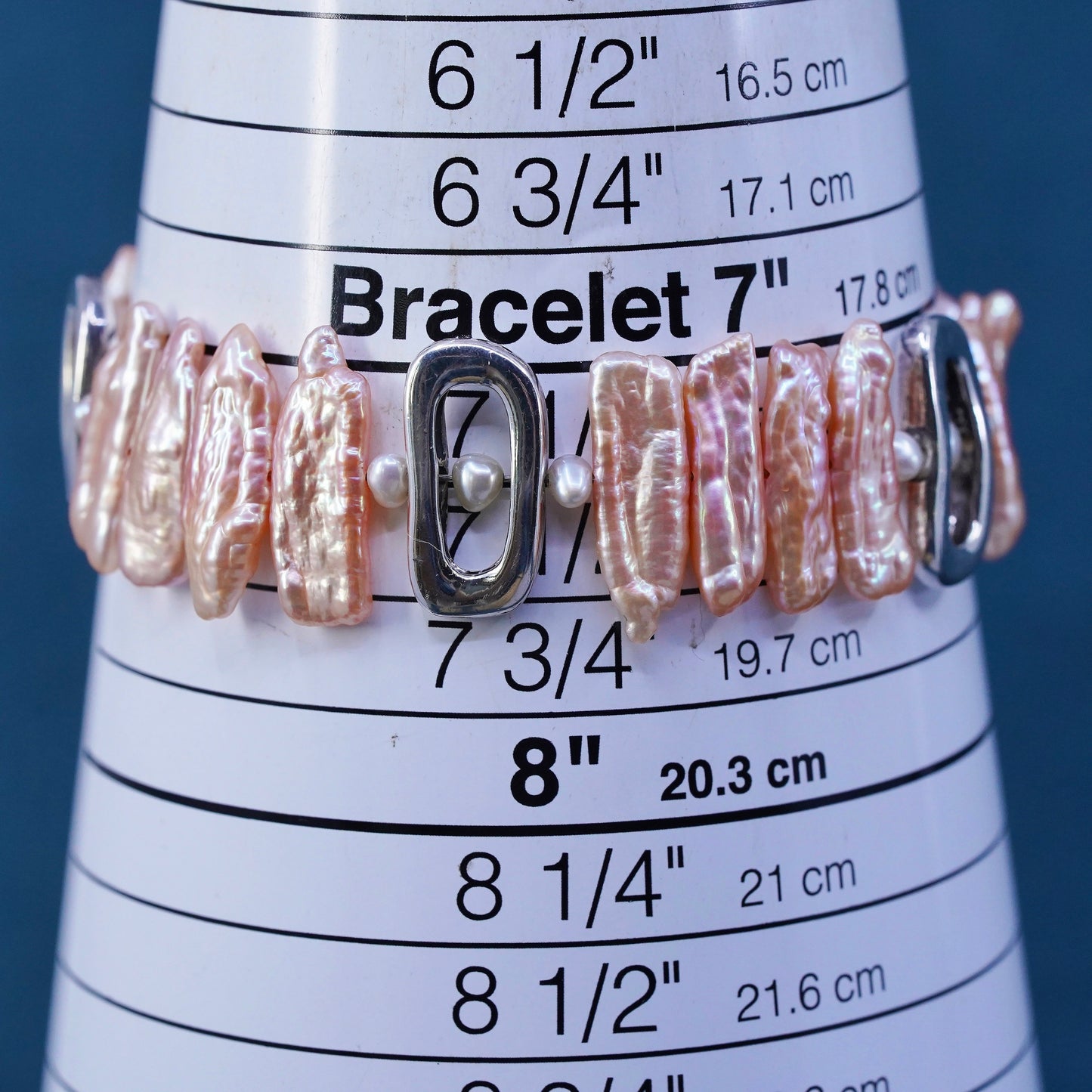 7.25", Sterling 925 silver handmade bracelet with baroque orange pearl beads