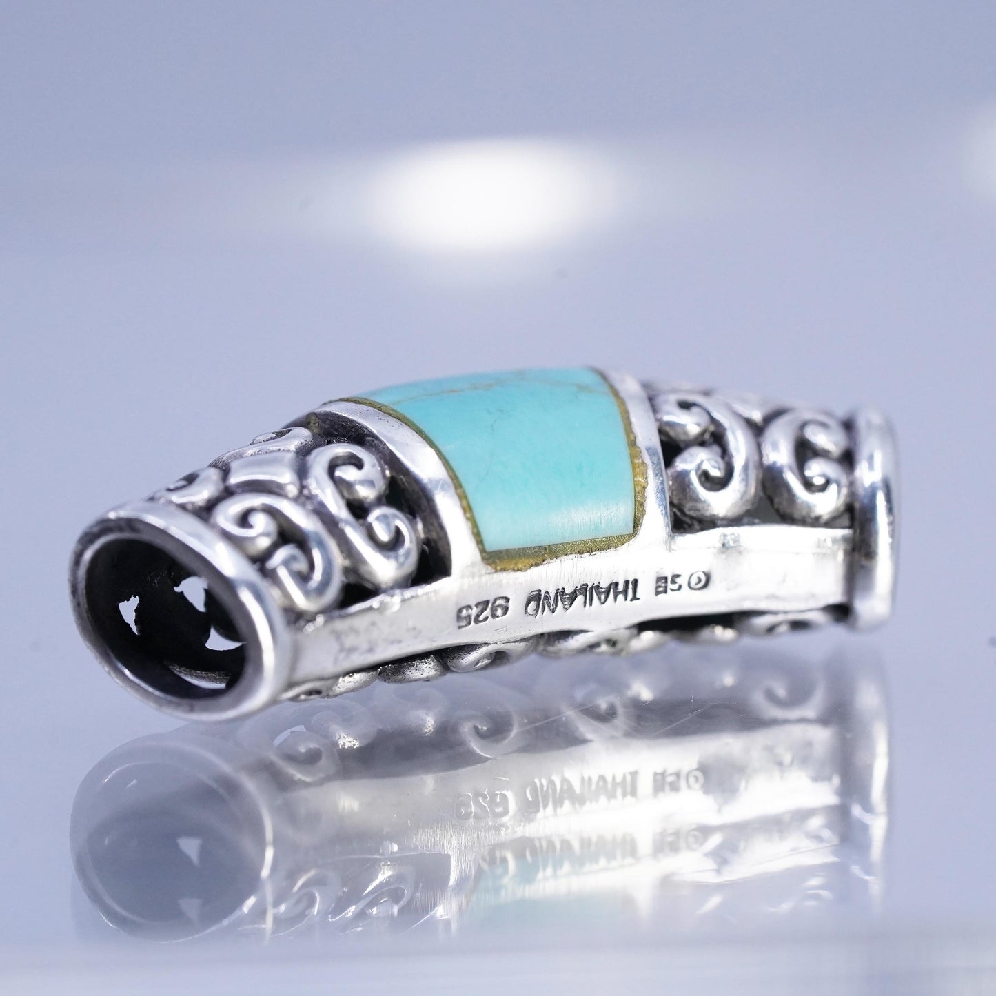 Vintage Thailand sterling 925 silver filigree slide pendant turquoise inlay