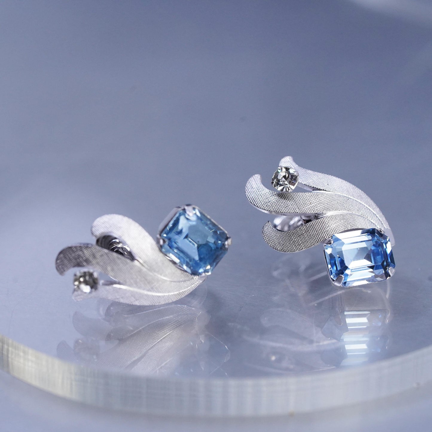 Vintage Vandell Sterling 925 silver earrings, screw back floral blue rhinestone