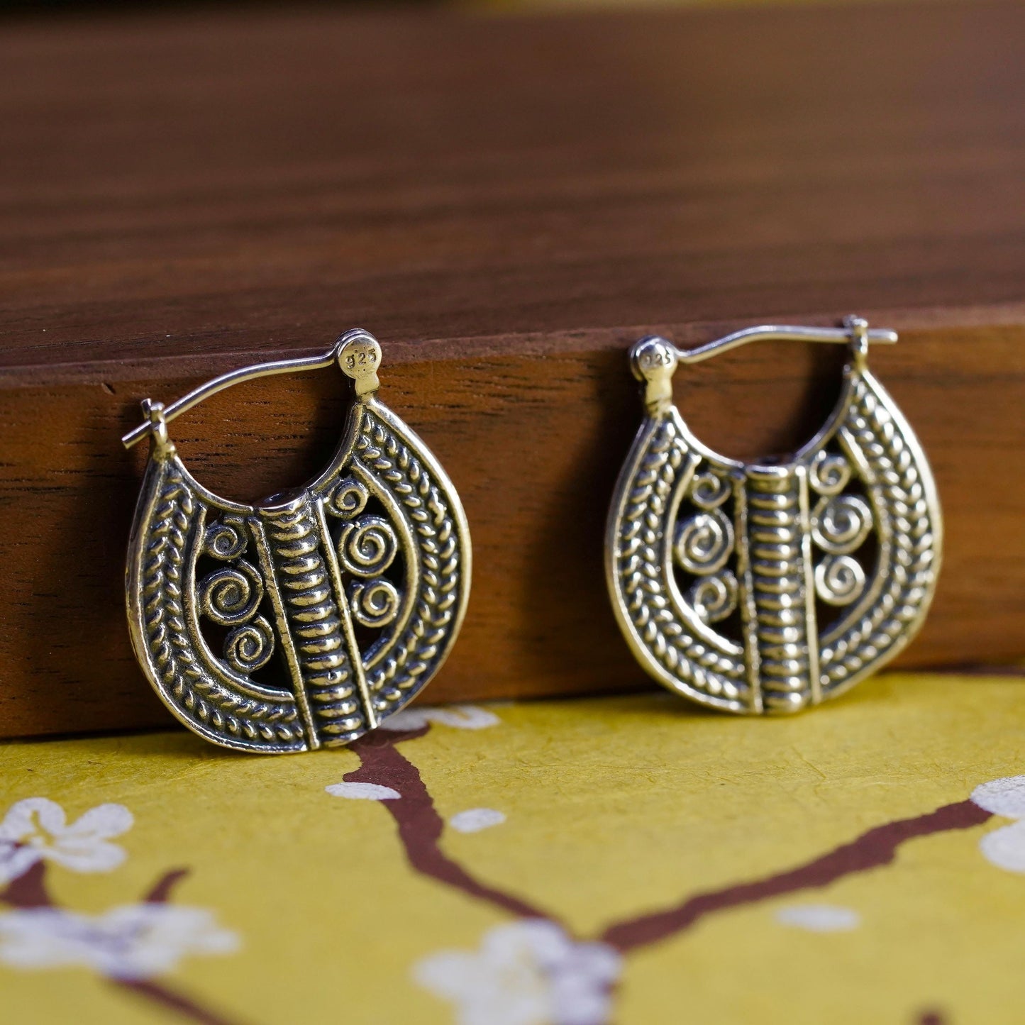 0.75", VTG Sterling silver handmade flatten hoops, textured 925 huggie earrings