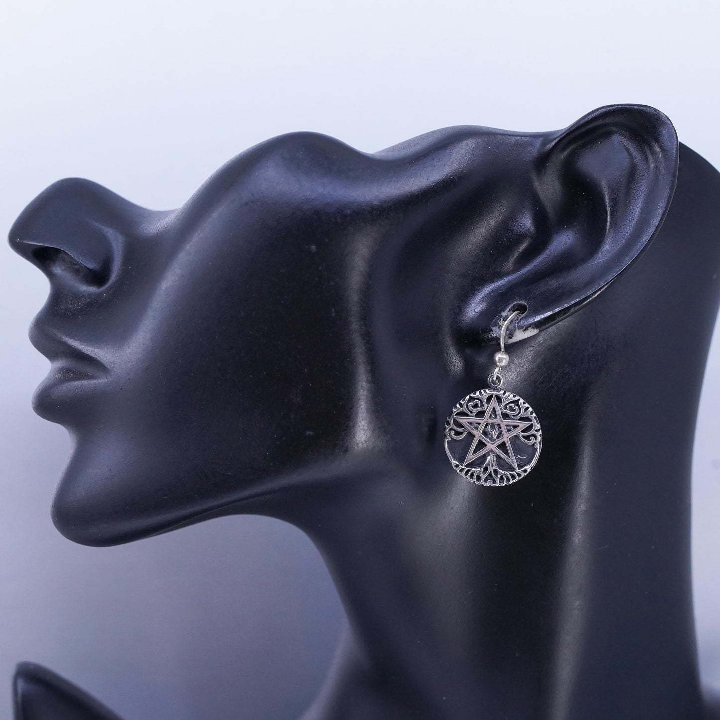 P. Borda 925 Sterling Silver Pentagram Star Earrings, Tree of Life inlay Gothic
