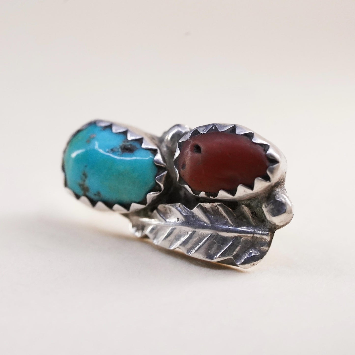 Native American Navajo single earring. Sterling 925 silver teardrop stud coral