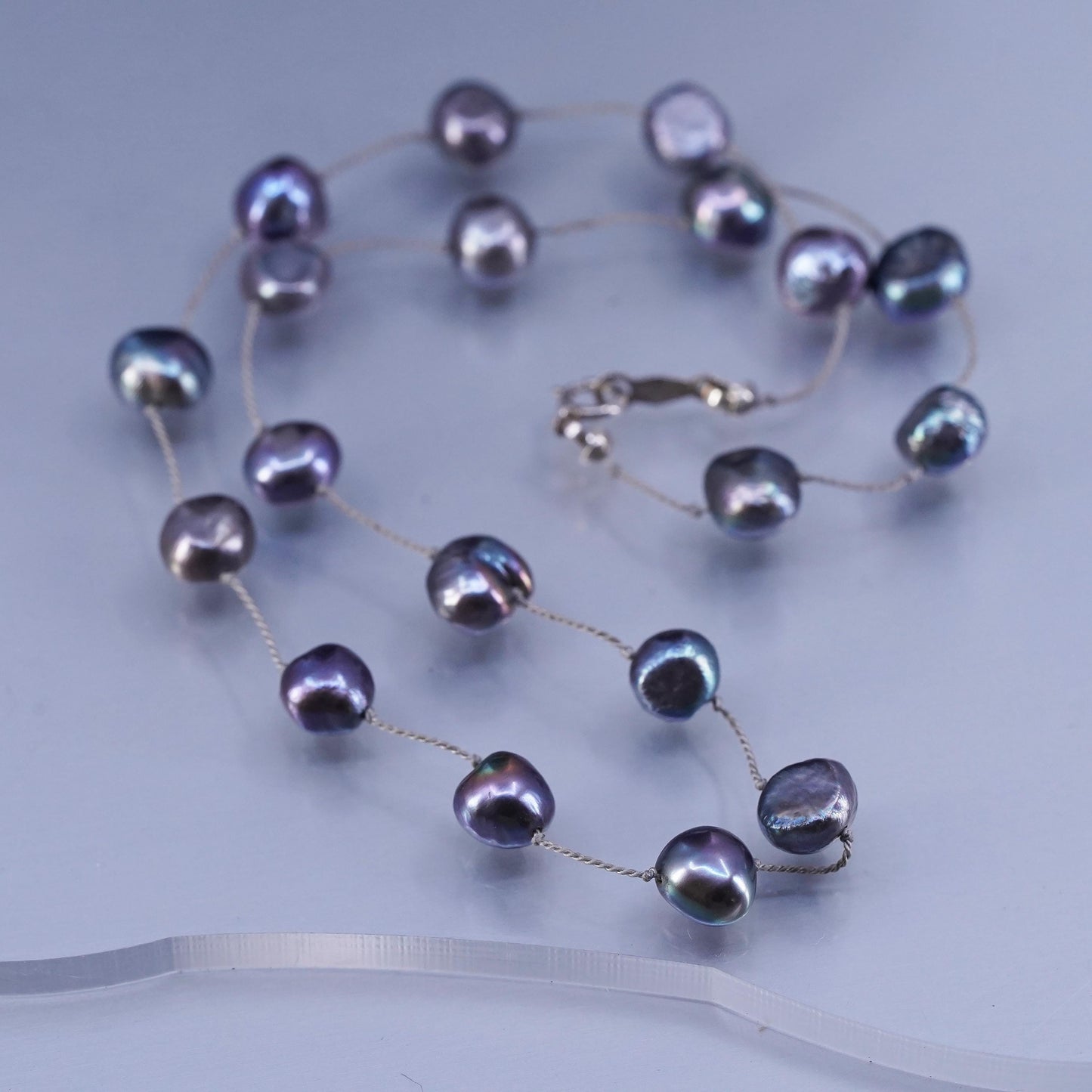 14”, vintage Sterling 925 silver handmade black pearl chain tennis necklace