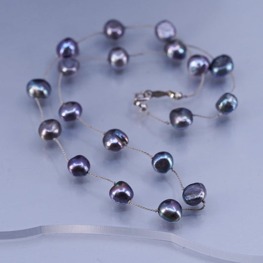 14”, vintage Sterling 925 silver handmade black pearl chain tennis necklace